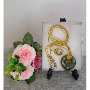 Vintage Chinese Jade Pendant with Dragon & Pheonix Brass details‎